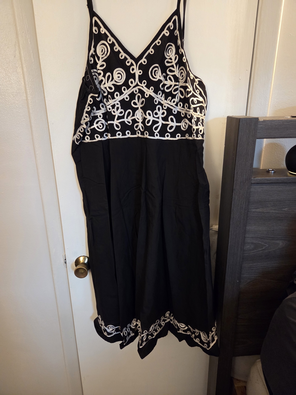 Black Midi Dress with White Embroidered Bodice and Hem